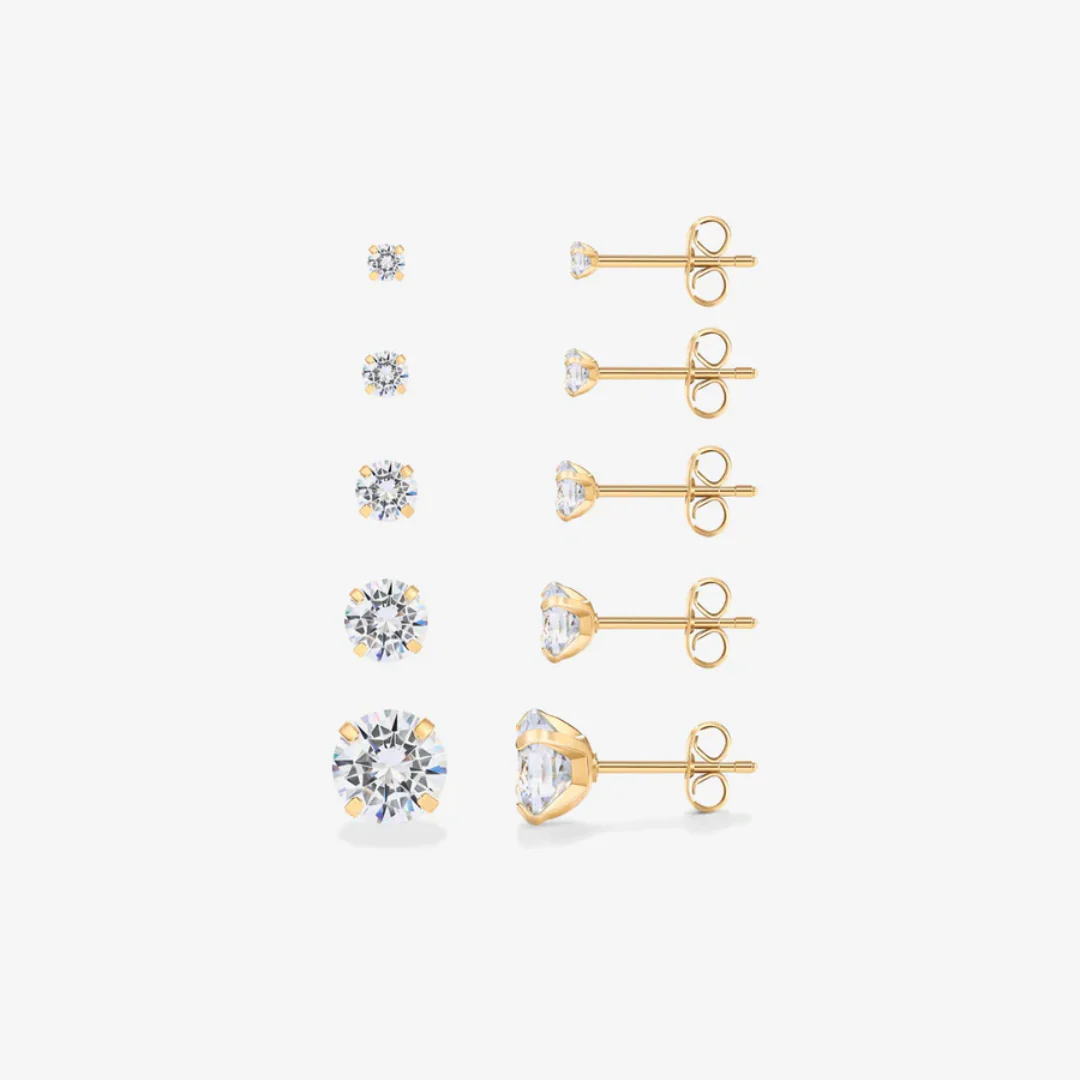 Cubic Zirconia 5 Pair Flat Back Studs Set