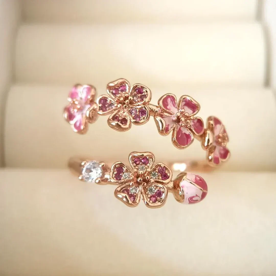 Pink Peach Blossom Flower Branch Open Ring - Image 4