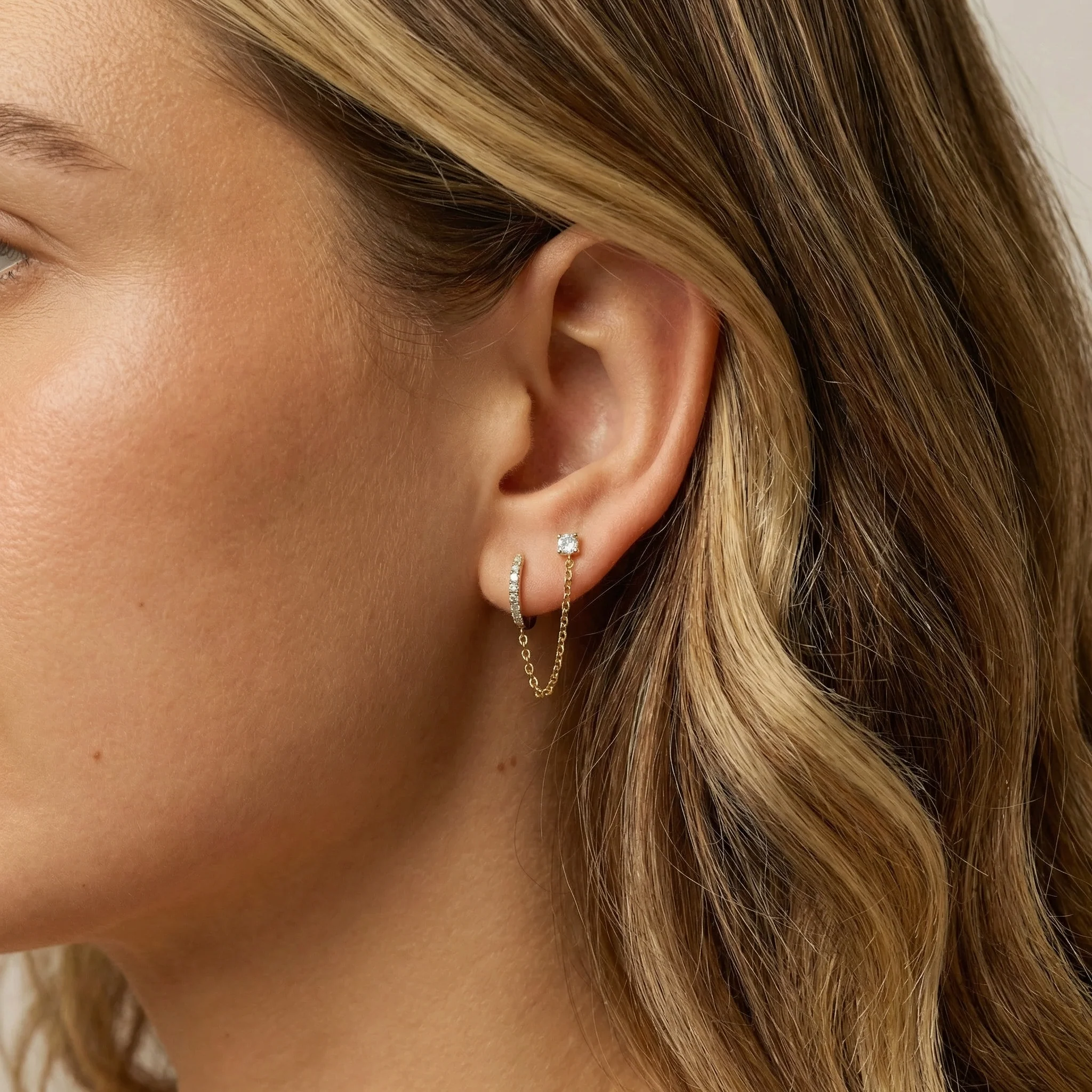 Chained Huggie Hoop Cubic Zirconia Stud Earrings - Image 2