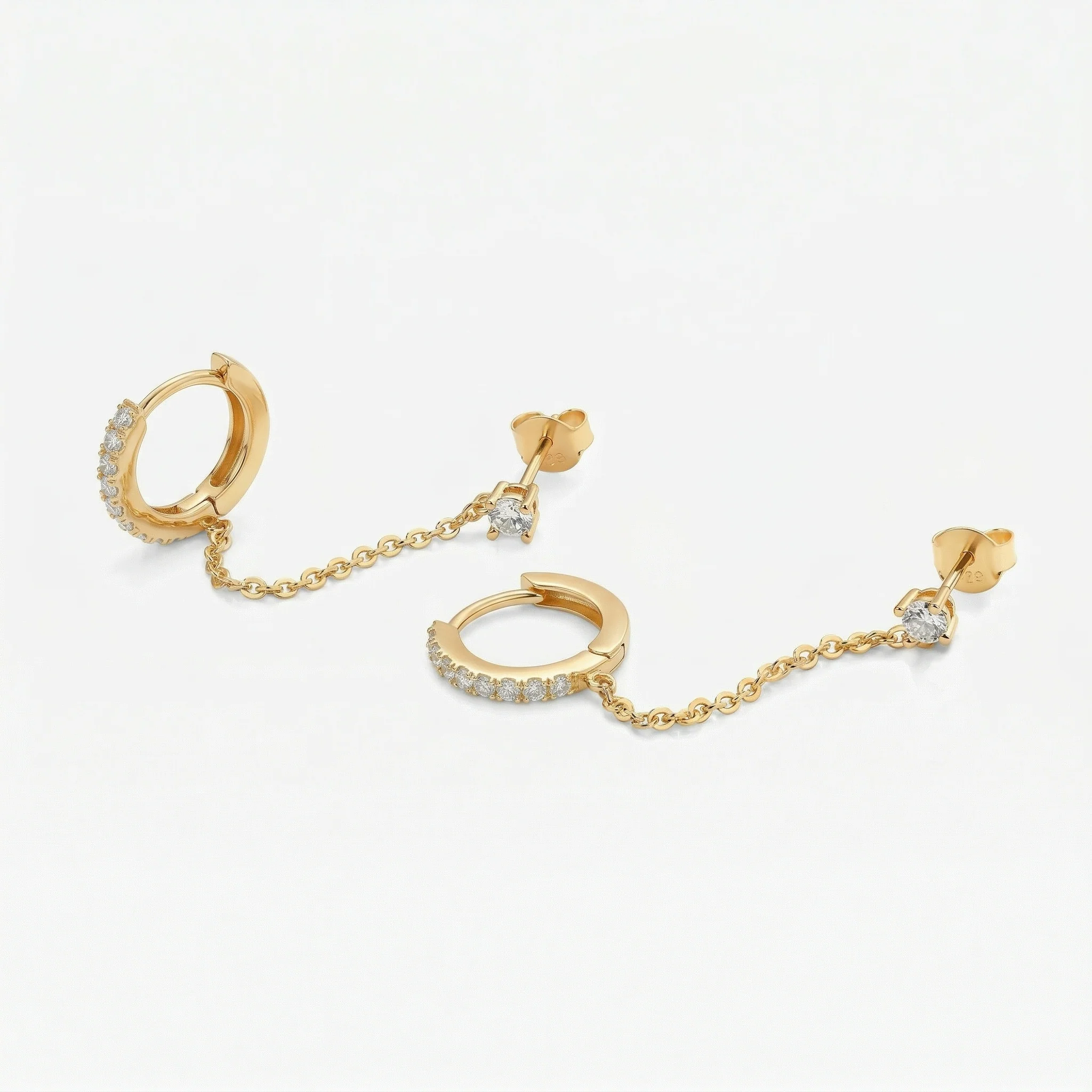 Chained Huggie Hoop Cubic Zirconia Stud Earrings - Image 4