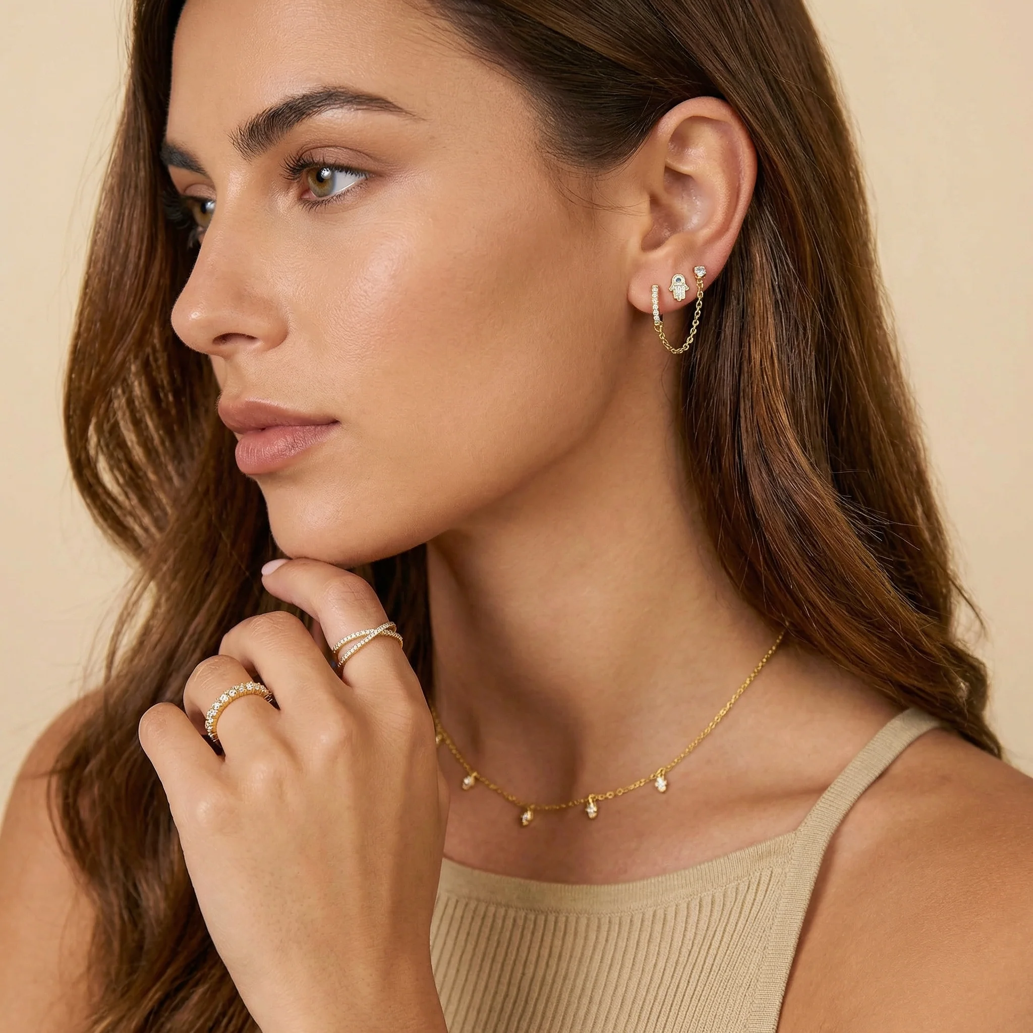 Chained Huggie Hoop Cubic Zirconia Stud Earrings - Image 5